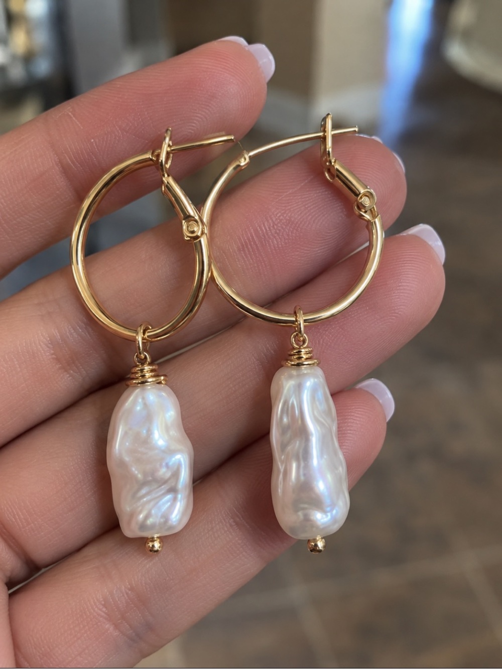 18K Gold Biwa Freshwater Baroque Pearl Hoop Drop Earrings Gold Plated 925 Silver